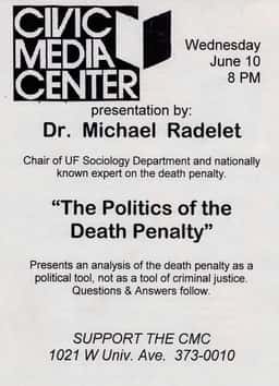 Dr. Michael Radelet at Civic Media Center in Gainesville, FL — June 10, 1998 concert flyer