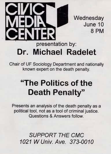Dr. Michael Radelet at Civic Media Center in Gainesville, FL — June 10, 1998 concert flyer