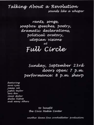 Lars Din, Sheila Bishop, Anni Vyas, and others at Full Circle in Gainesville, FL — September 23, 2001 concert flyer