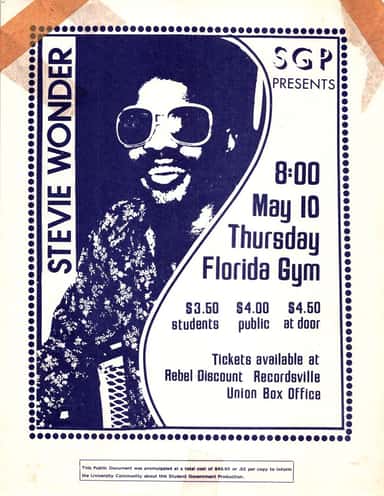 Stevie Wonder at Florida Gym in Gainesville, FL — May 10, 1973 concert flyer