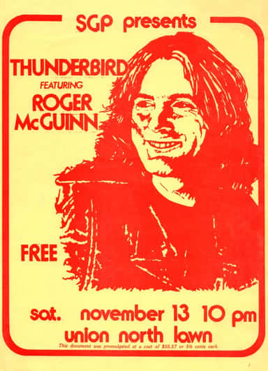 Thunderbird, Roger McGuinn at The Reitz Union in Gainesville, FL — November 13, 1976 concert flyer
